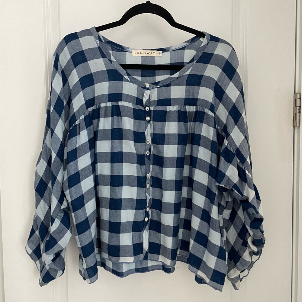 Longway (Neve & Hawk) Blue Plaid One Size Button Up Shirt Slow Fashion.      17